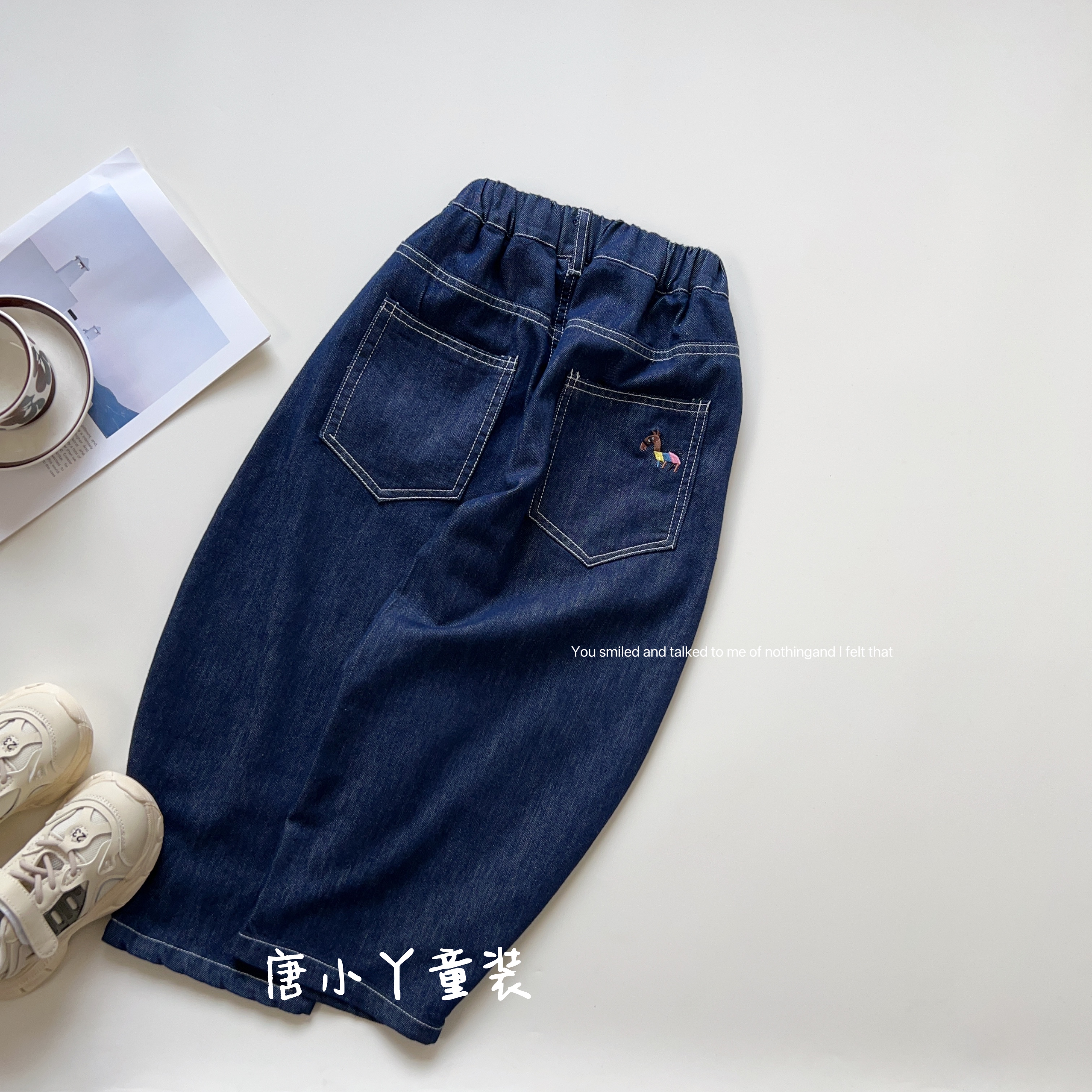 中大童原色蓝弯刀牛仔裤腊肠狗直筒刺绣街舞大学生亲子休闲裤z - 图3