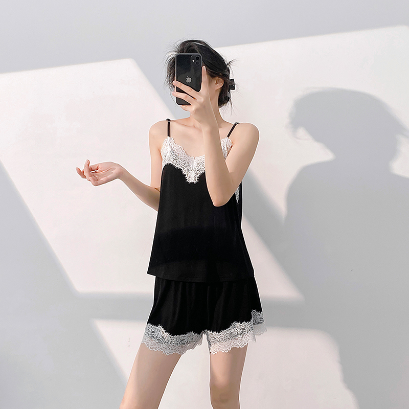 莫代尔睡衣女春夏2025新款露背套装性感吊带纯色蕾丝家居服两件套 - 图3