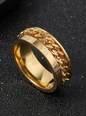 跨境欧美大气不锈钢饰品 打标罗马字可转动链条钛钢戒指 男士厂家