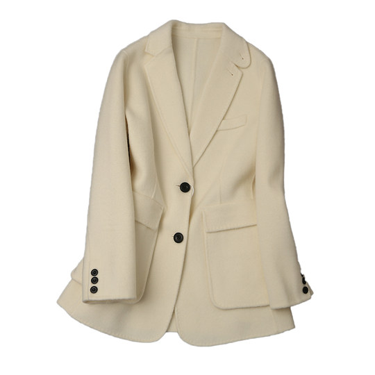 2025新款网红韩版双面羊毛呢外套单排扣修身纯色通勤呢子西装外套