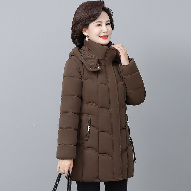 中年妈妈冬季新款亮面免洗羽绒棉服女中长款中老年人加厚保暖棉衣