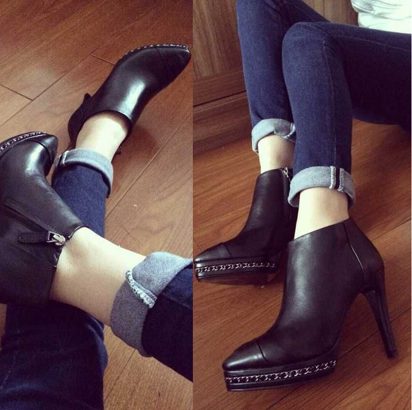 欧美真皮秋冬短靴女靴子尖头高跟细跟防水台女靴明星同款女鞋潮