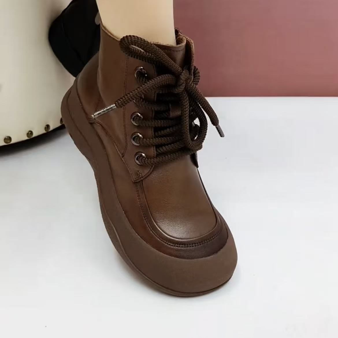 马丁靴女2025春秋新款英伦风平底女鞋头层牛皮单靴真皮靴子女短靴 - 图3