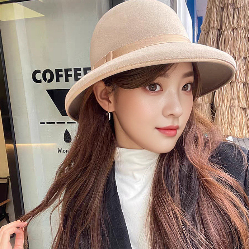 全羊毛法式大帽檐羊毛呢渔夫帽女士秋冬赫本风礼帽显脸小优雅毡帽