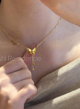 韵饰居~超仙立体冰金蝴蝶吊坠 气质感颈链小众 黄金色锁骨链