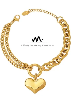 不褪色欧美钛钢设计手链链条风格拼接古巴链爱心手饰品镀18K金