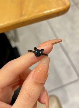 ins潮戒指2025年指环食指戒设计感小众女时尚小猫咪黑色新款个性