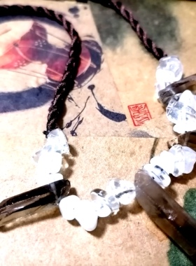 精灵珠宝 原野 天然红泥茶水晶柱白水晶原石手作简单韵味蜡绳项链