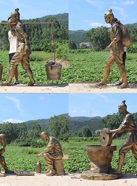农耕文化雕塑仿铜农民推石磨犁地乡村新农村建设民俗市集古人摆件