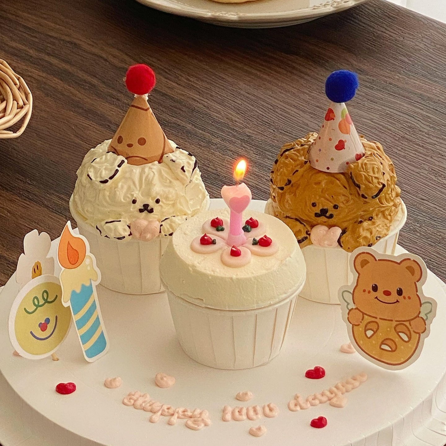 黄油小熊纸杯蛋糕装饰插牌粉色爱心蜡烛毛球小帽子生日装扮插件,淘宝优惠券,粉丝福利购,淘宝优惠卷