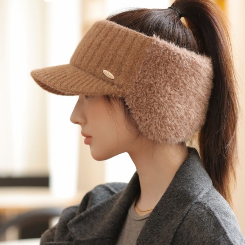 秋冬毛绒空顶高尔夫鸭舌针织帽女户外运动帽防寒保暖护耳帽毛线帽,淘宝优惠券,粉丝福利购,淘宝优惠卷