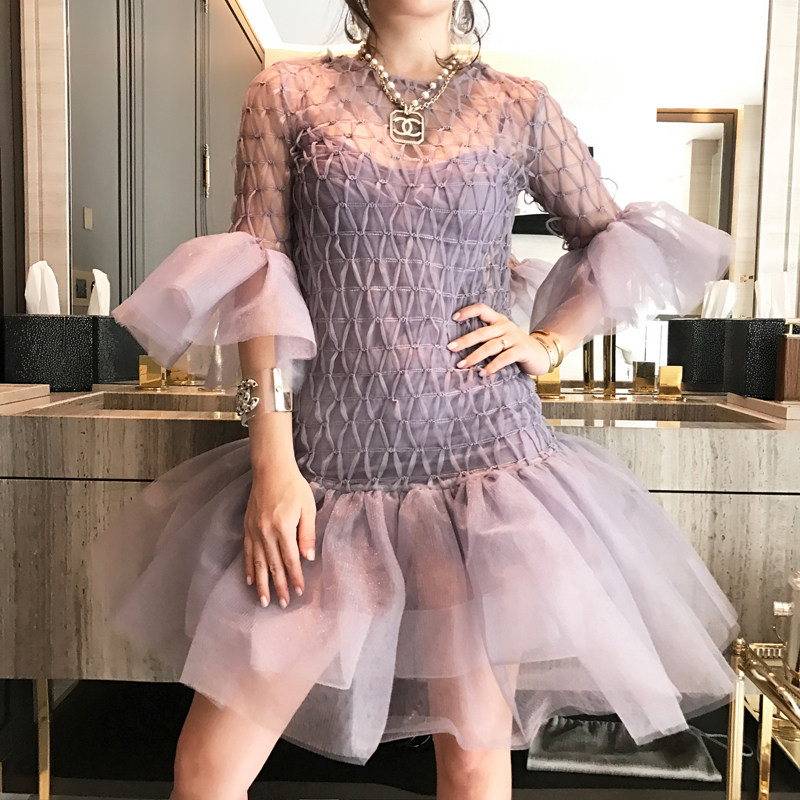 forevercan夏季新款 温柔网纱拼接格子连衣裙女喇叭袖显瘦仙女裙,淘宝优惠券,粉丝福利购,淘宝优惠卷