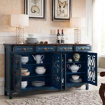 To high American Extravagant Dining Side Cabinet Solid Wood Drawers Bowls Cabinet Retro Blue style Wine Cabinet Hollowed-out Cabinets Shoe Cabinet