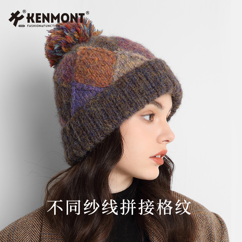 Kenmont卡蒙秋冬新款帽子女针织帽大头围加厚彩色毛线帽韩版翻边-图0