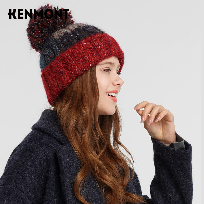 Kenmont卡蒙大毛球针织帽女秋冬粗线毛线帽子休闲时尚保暖套头帽