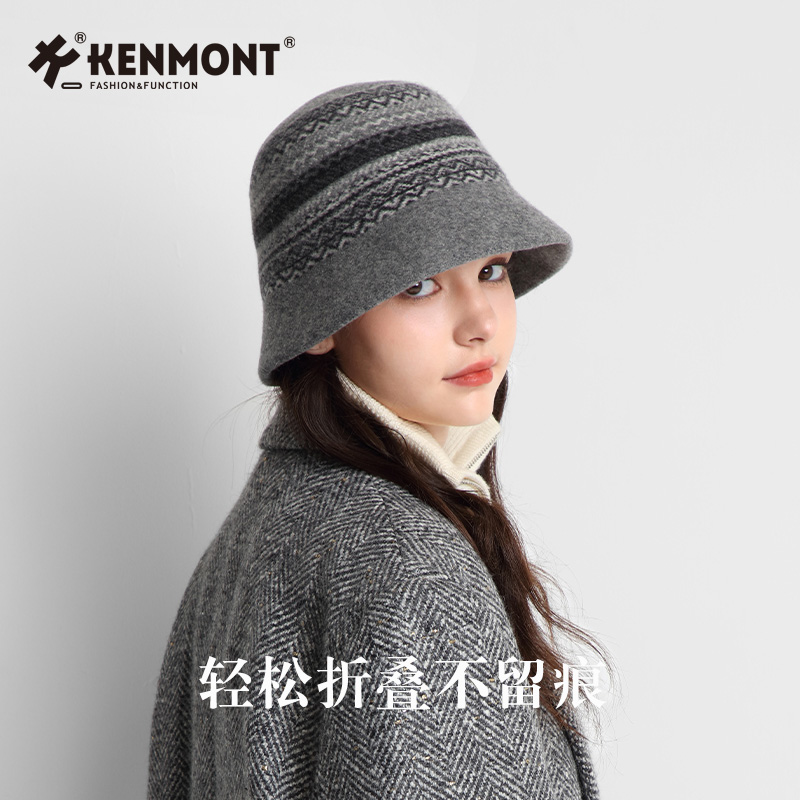 Kenmont卡蒙秋冬新款毛呢渔夫帽女时尚气质羊毛水桶帽子日系潮牌