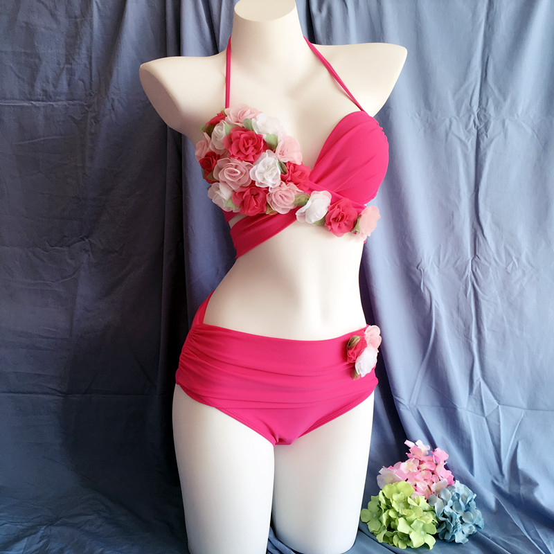 独家定制雪纺花朵泳衣女比基尼三件套小胸钢托超聚拢沙滩温泉胸垫 - 图0
