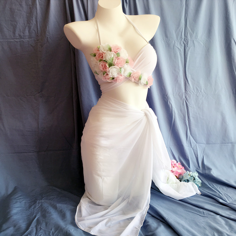 独家定制雪纺花朵泳衣女比基尼三件套小胸钢托超聚拢沙滩温泉胸垫 - 图1