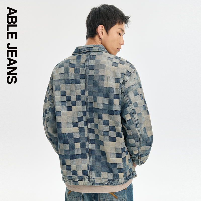 ABLE JEANS 秋季新款男士迷彩棋盘格纹提花水洗牛仔夹克外套 - 图2