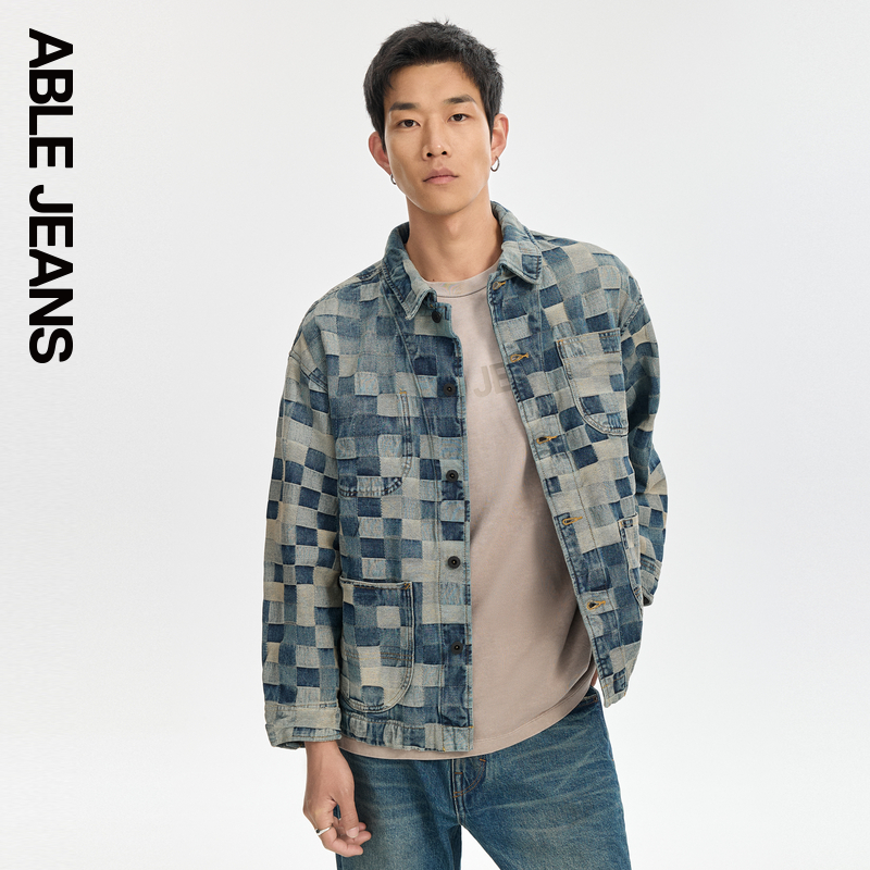 ABLE JEANS 秋季新款男士迷彩棋盘格纹提花水洗牛仔夹克外套 - 图0