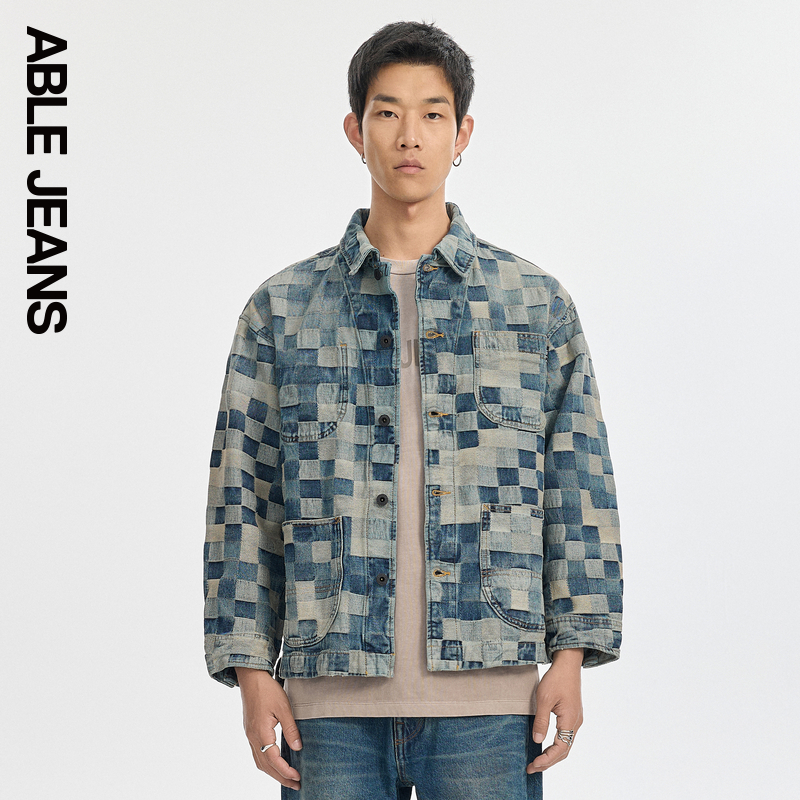 ABLE JEANS 秋季新款男士迷彩棋盘格纹提花水洗牛仔夹克外套 - 图1