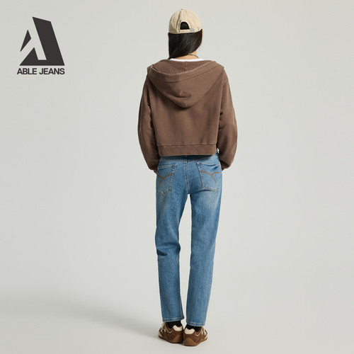 ABLE JEANS 女士春秋款潮流复古水洗纯棉短款连帽开衫卫衣外套 - 图2