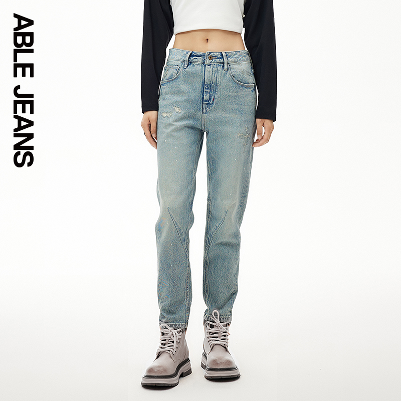 ABLE JEANS【立体锥形裤】女士立体膝磨损洗水破洞锥形裤牛仔裤 - 图1