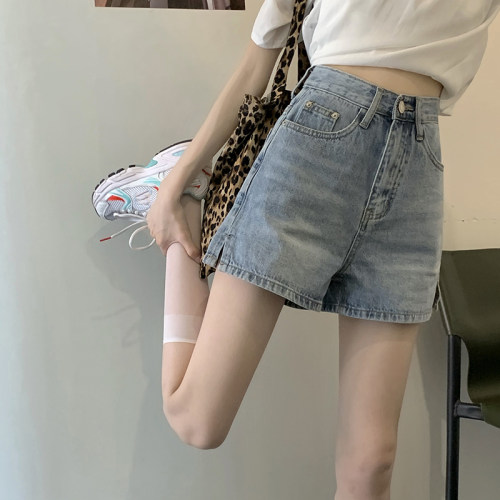 2026夏季韩版大码胖妹妹高腰开叉阔腿牛仔短裤女A字显瘦外穿热裤 - 图2