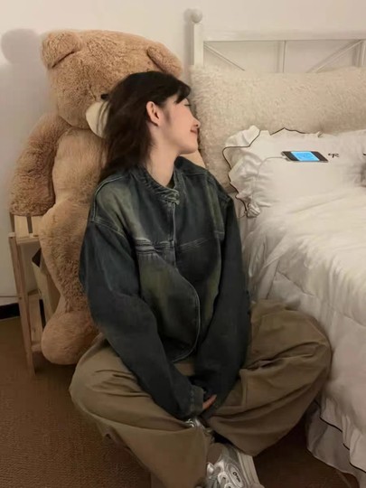 American retro jacket denim distressed work jacket