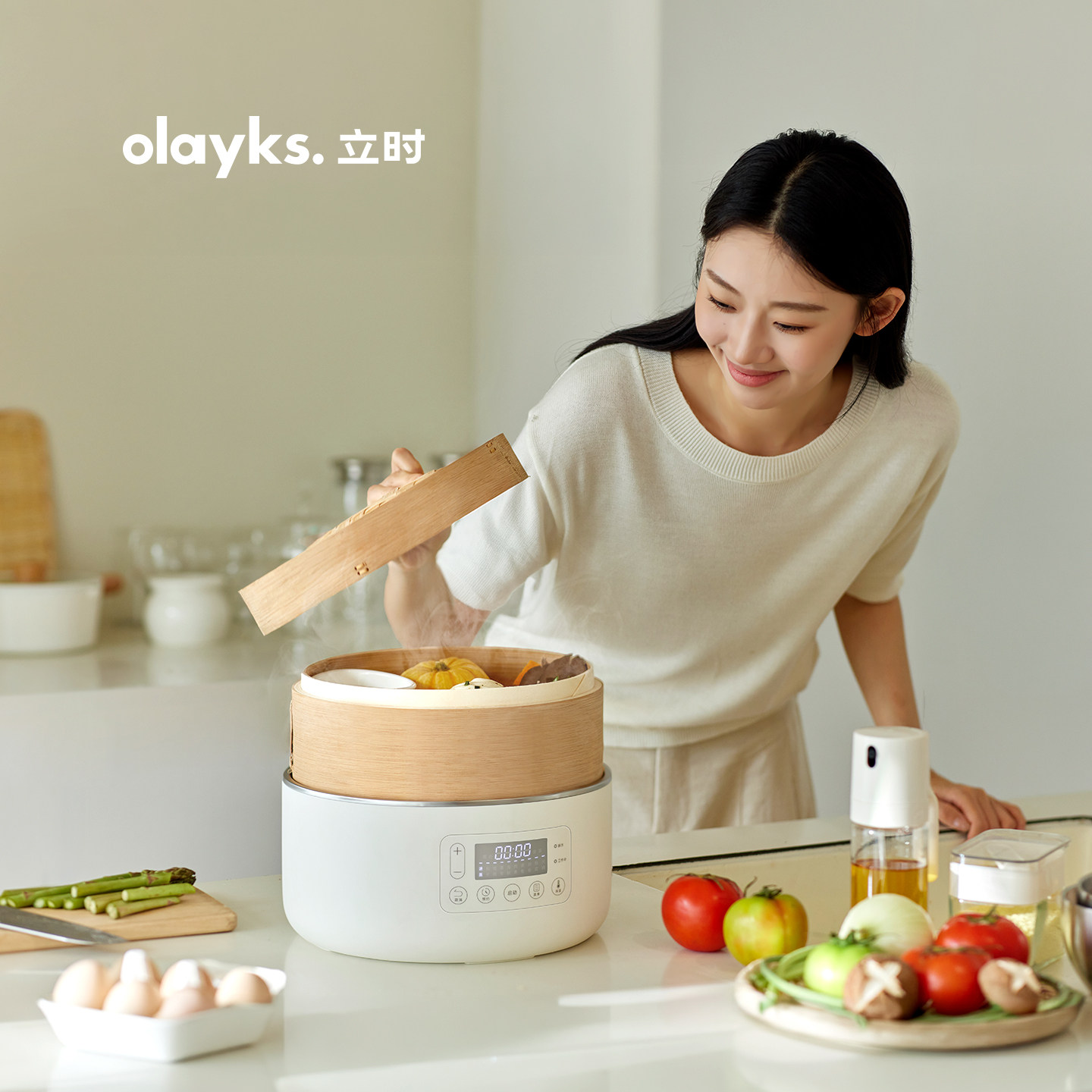 【行业首创】olayks立时竹笼电蒸锅多功能家用三层纯钢智能早餐机