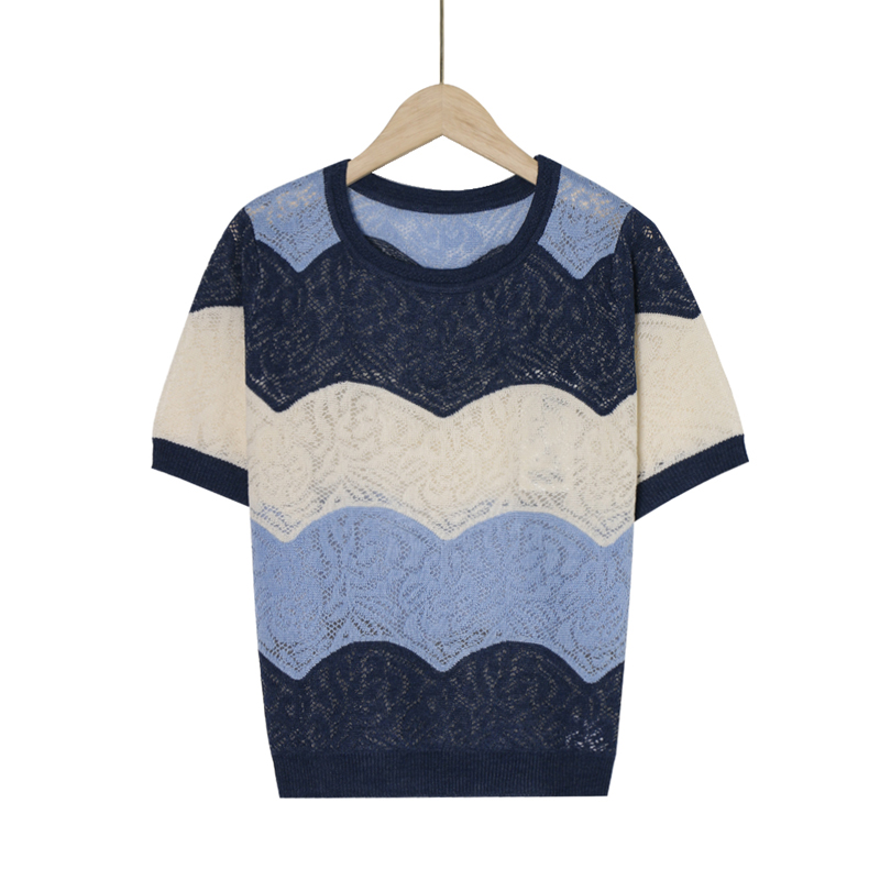 【D玛纳】简约百搭线衫拼接撞色镂空设计时尚气质修身短袖DMA526 - 图1