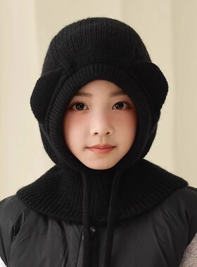 女童儿童帽子围巾一体式披肩口罩全包保暖加厚挡风带围脖的毛毛茸
