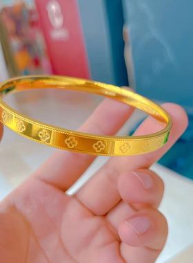 新款四叶草手镯实心24K黄金店同款3D硬金幸运草手环送女友不掉色