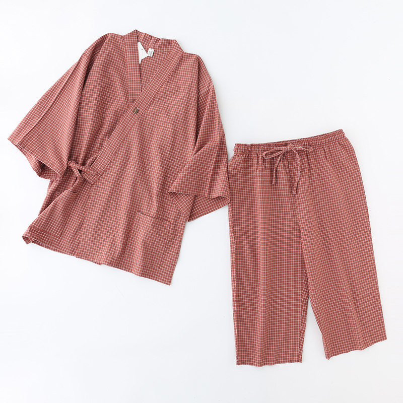 春夏棉汉服格子日式宽松短袖睡衣 fanduo梵朵睡衣/家居服套装