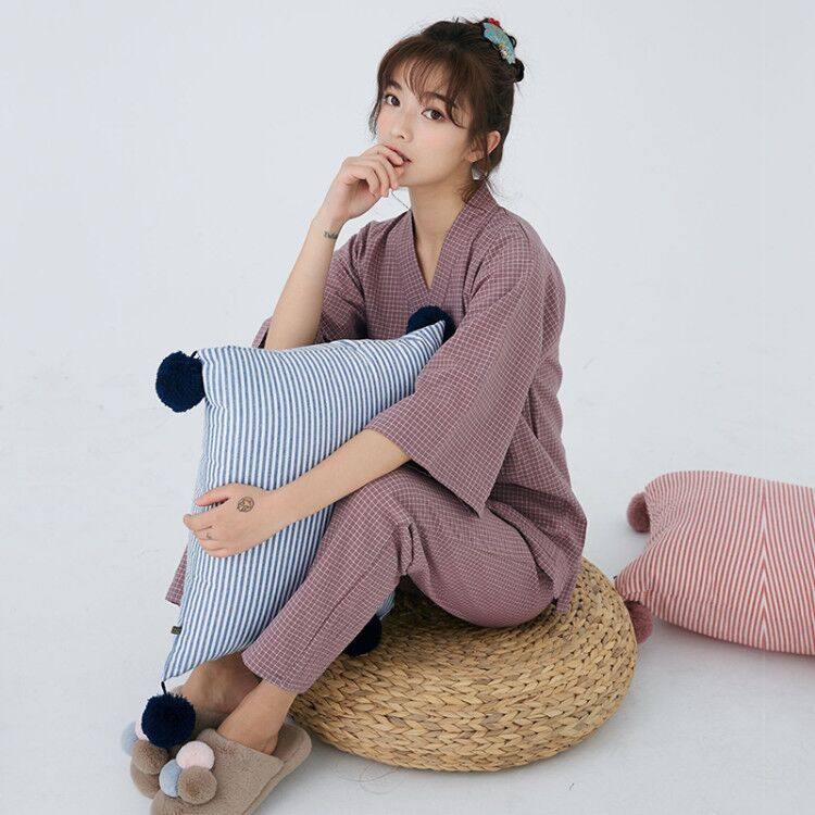 春夏棉汉服格子日式宽松短袖睡衣 fanduo梵朵睡衣/家居服套装