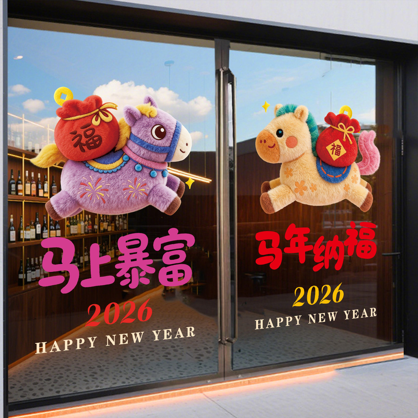 马年门贴过年氛围布置橱窗装饰玻璃贴纸2026贺年静电贴画新年窗花,淘宝优惠券,粉丝福利购,淘宝优惠卷