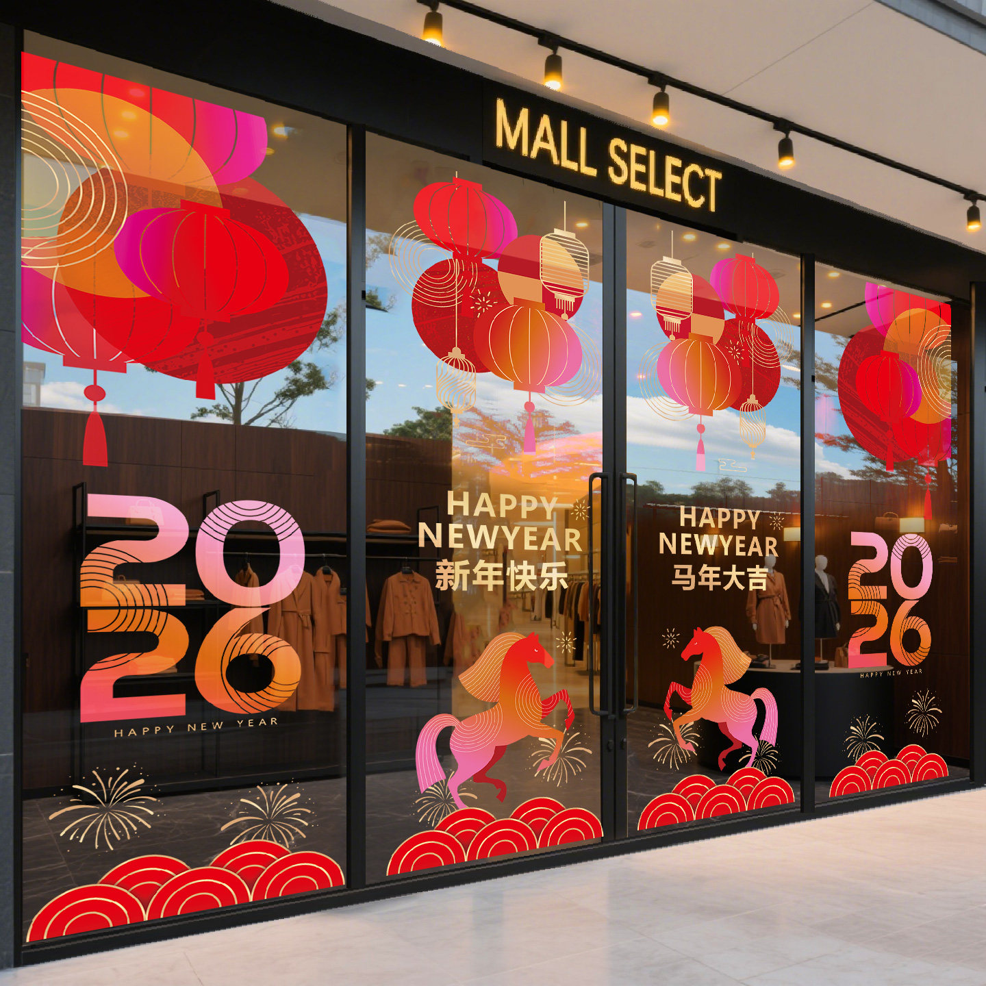 2026新年橱窗装饰玻璃贴纸商场4S店过年氛围布置灯笼马年门贴窗花,淘宝优惠券,粉丝福利购,淘宝优惠卷