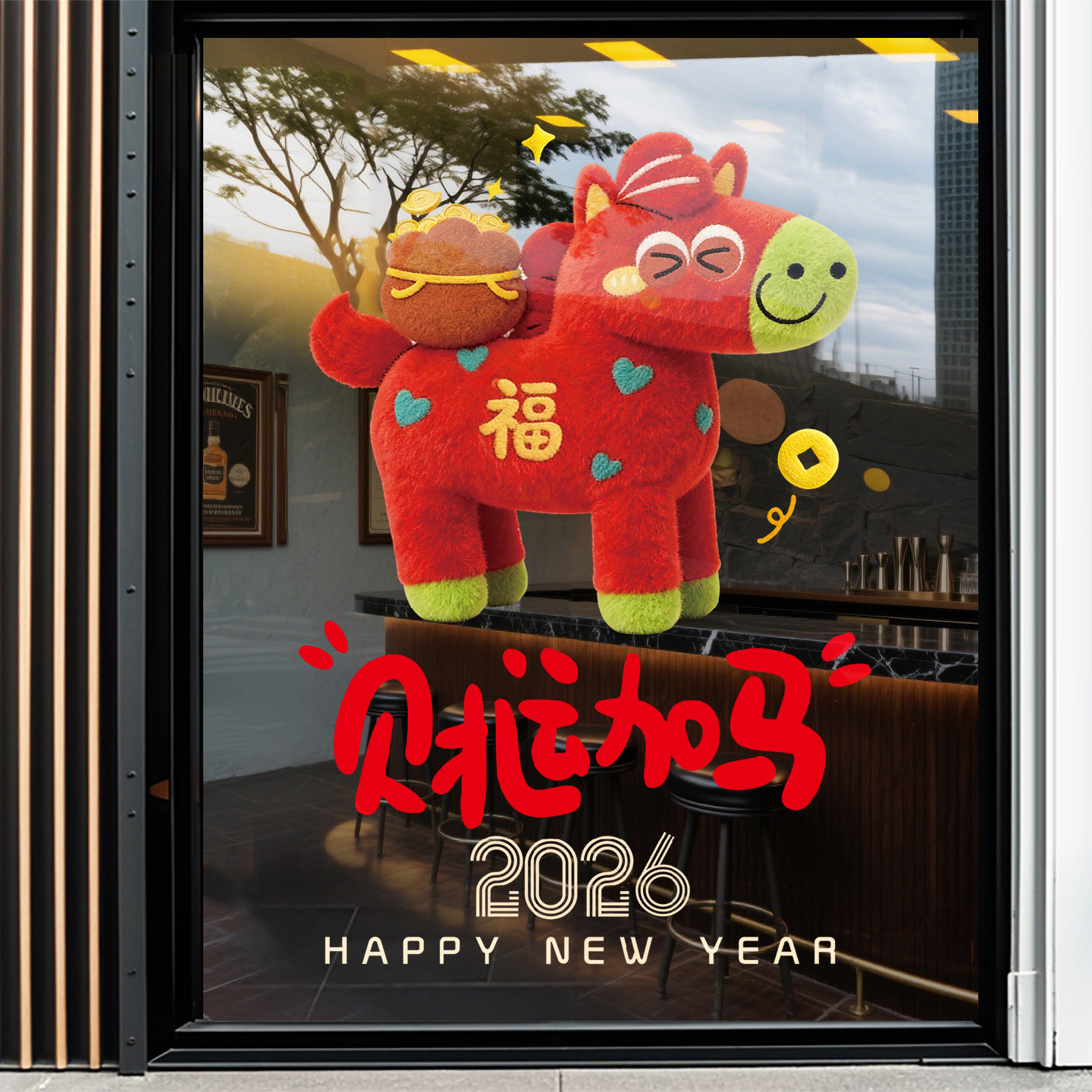 马年门贴过年氛围布置橱窗装饰玻璃贴纸2026贺年静电贴画新年窗花,淘宝优惠券,粉丝福利购,淘宝优惠卷