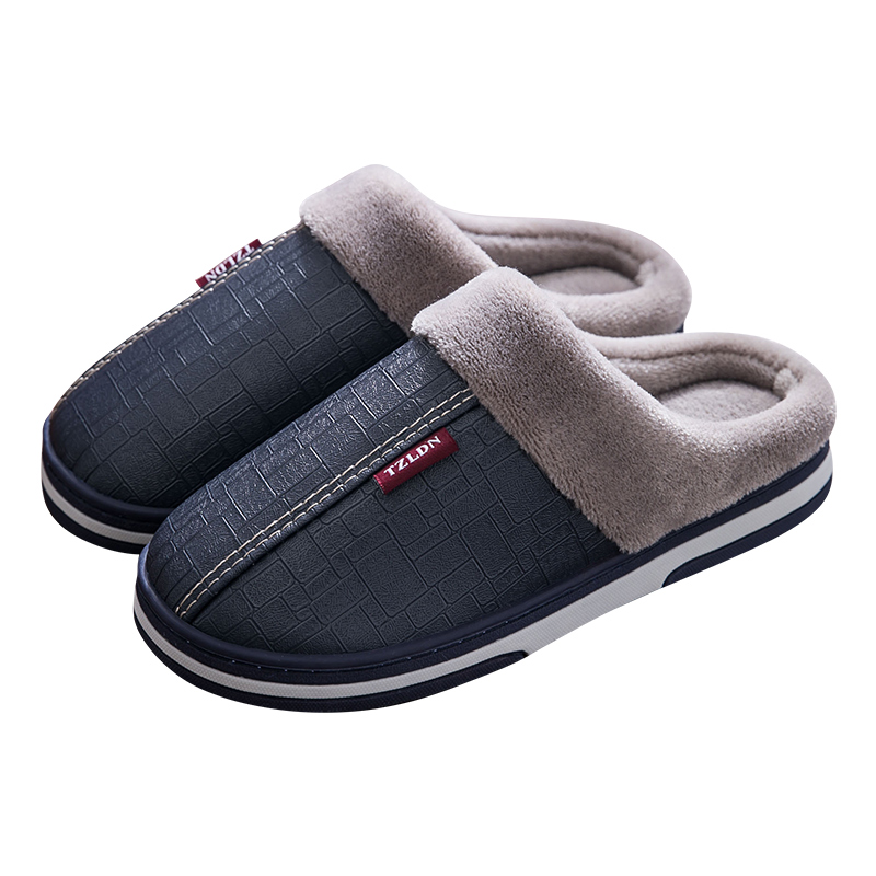 tzldn旗舰店PU皮棉拖鞋男士家用防水厚底保暖室内情侣冬天家居毛拖鞋女秋冬季0