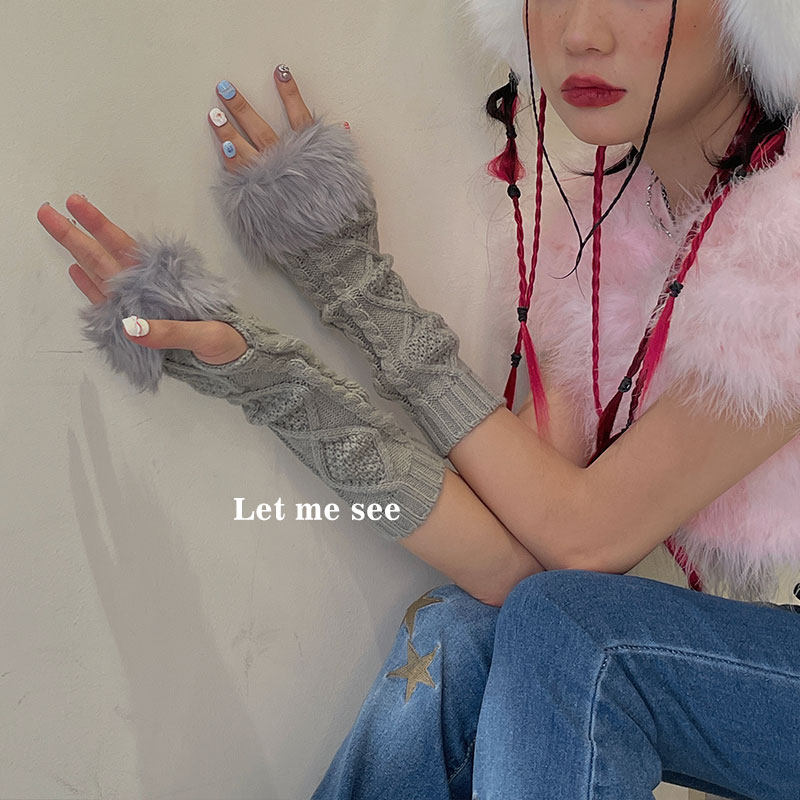 LET ME SEE毛毛半指手套Y2K辣妹纯色针织袖套冬季保暖个性潮搭,淘宝优惠券,粉丝福利购,淘宝优惠卷