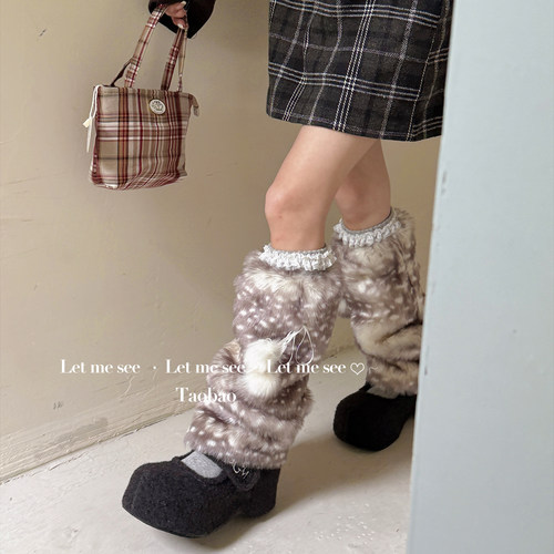 LET ME SEE 复古小鹿少女感堆堆加厚袜套 冬日甜美粉色鹿保暖袜套 - 图2