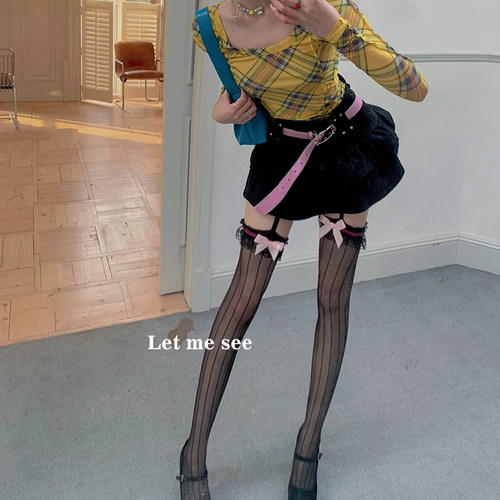 LET ME SEE千禧辣妹吊带袜丝袜竖条纹蕾丝边蝴蝶结大腿袜春夏薄款 - 图3
