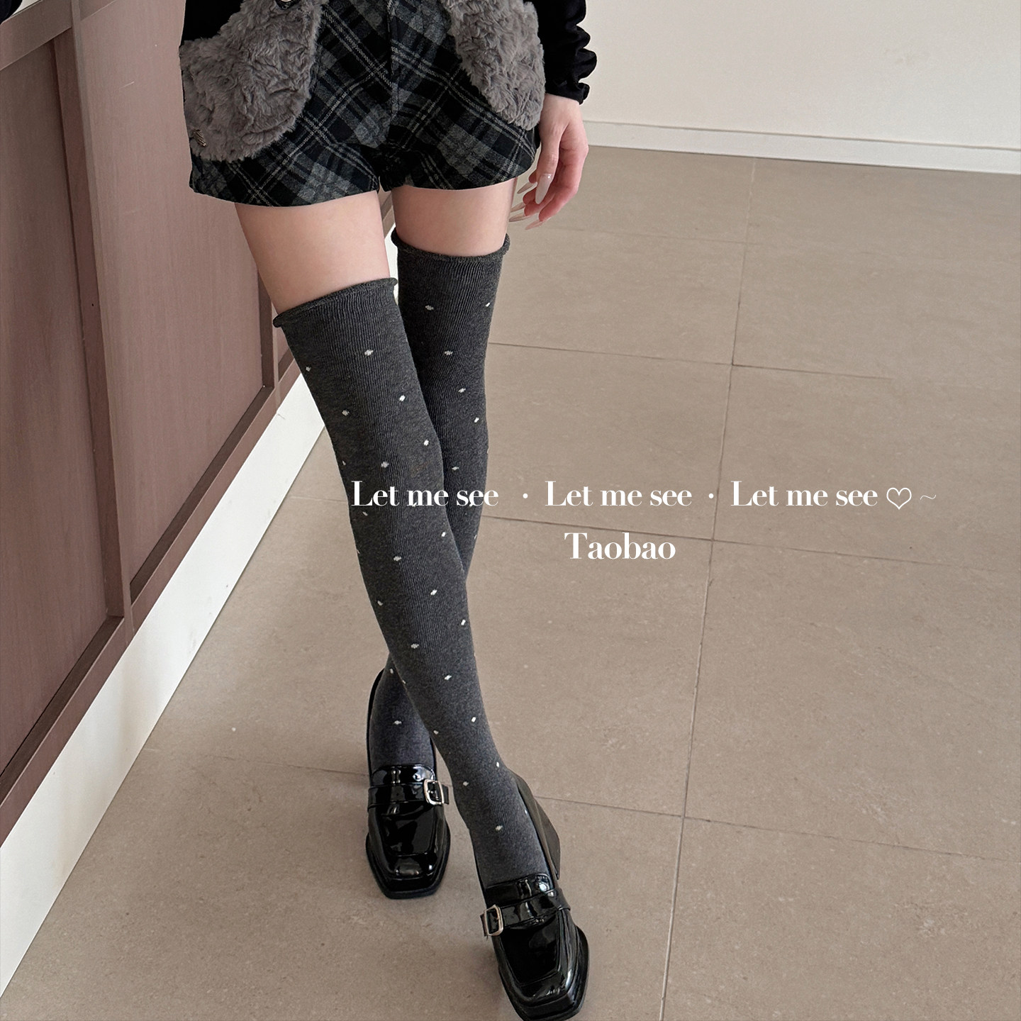 LET ME SEE奶呼呼蓝波点大腿卷边堆堆袜咖色过膝长筒保暖高筒袜,淘宝优惠券,粉丝福利购,淘宝优惠卷