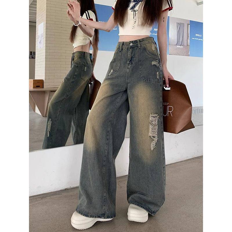 美式复古做旧破洞牛仔裤女2025年春夏季新款高腰直筒宽松阔腿裤子,淘宝优惠券,粉丝福利购,淘宝优惠卷
