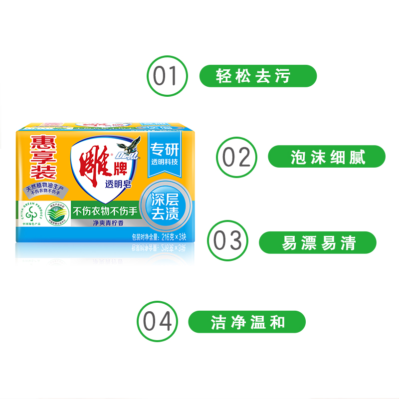 雕牌洗衣皂青柠透明皂去渍肥皂家用促销实惠装216g块家庭装-图1