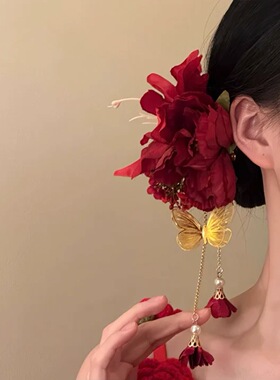 「月揽红棠」2025新款新年红色花朵发夹边夹侧边头饰头花发卡发饰