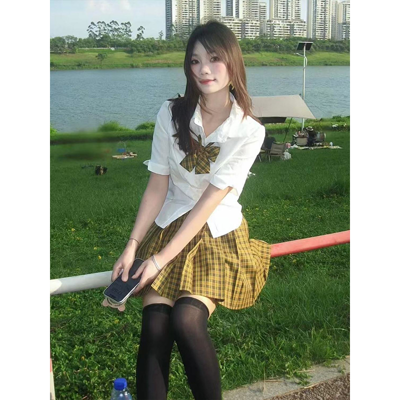 原创JK制服白色短袖收腰衬衫日系学院风百搭短裙向日葵短裙夏套装 - 图0