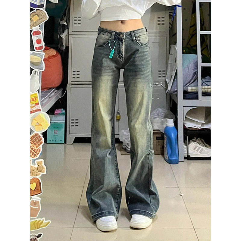 PMORH复古高街加绒水洗微喇叭牛仔裤女秋冬新款低腰显瘦直筒长裤,淘宝优惠券,粉丝福利购,淘宝优惠卷