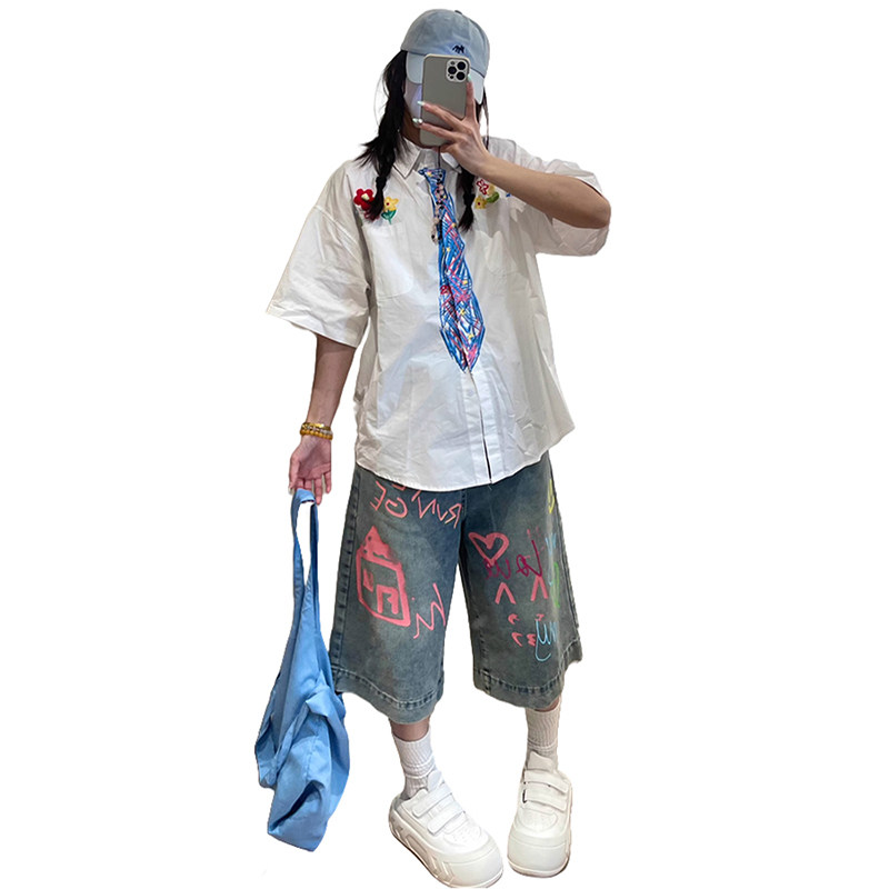 PMORH美式涂鸦设计感牛仔七分裤女2026秋冬新款宽松直筒阔腿中裤,淘宝优惠券,粉丝福利购,淘宝优惠卷