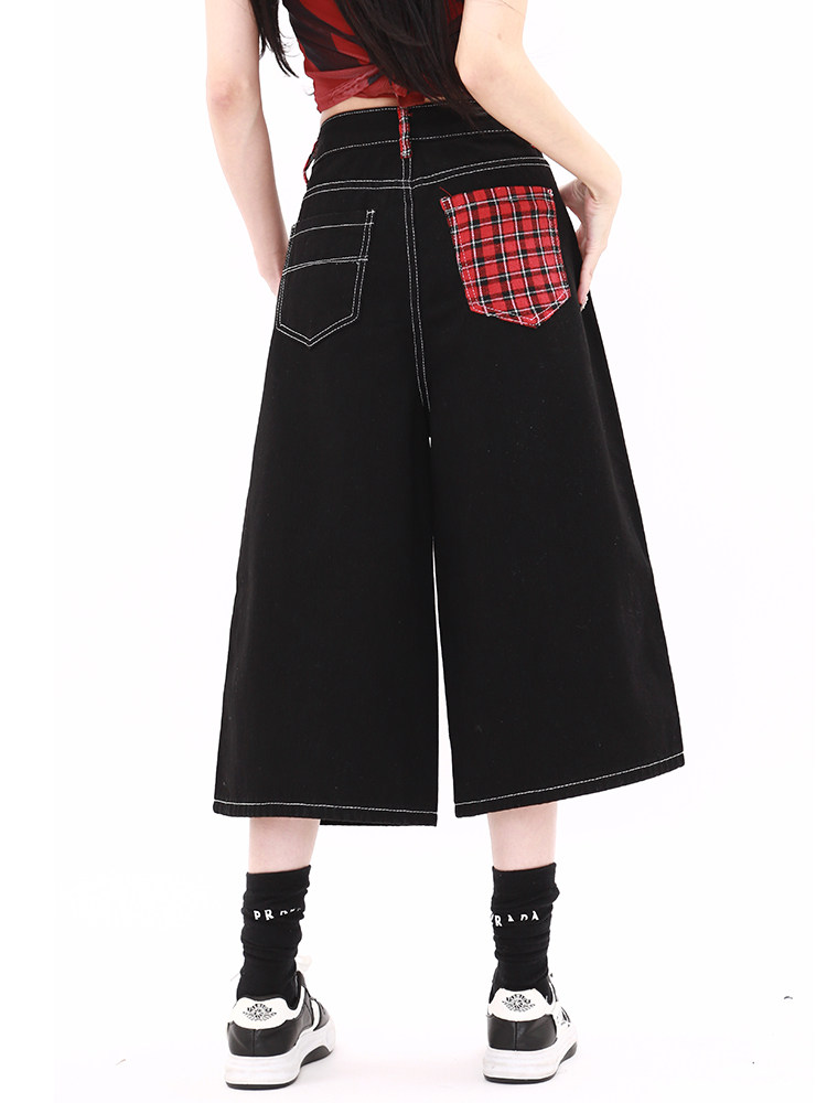 PMORH 美式复古格子拼接牛仔七分裤女秋冬低腰宽松黑色工装中短裤,淘宝优惠券,粉丝福利购,淘宝优惠卷